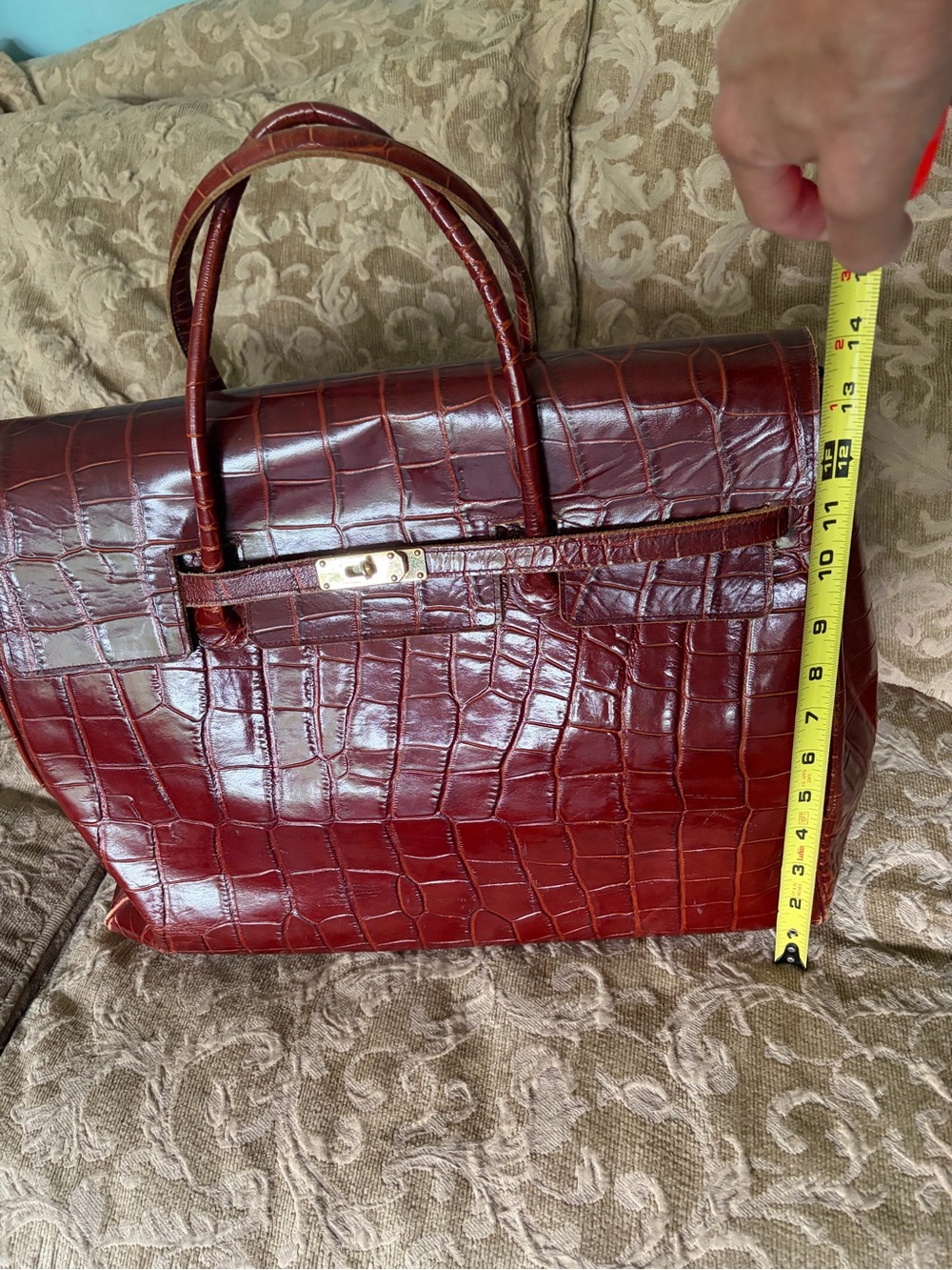 Croc-Embossed Oxblood Leather Tote /Valise with Top Handles - Picture 4 of 6